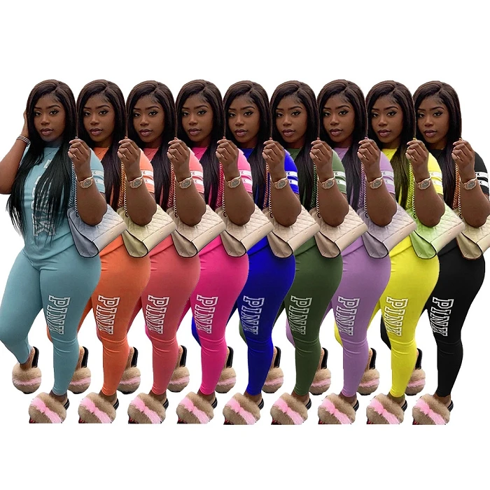 

best sell 2021 Plus Size Women Casual Set 2 piece print letter pink two piece set women clothing