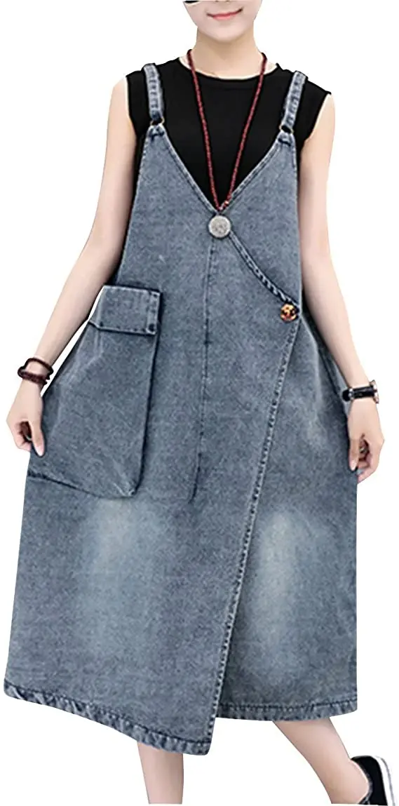 CHEN Womens Loose Long Jean Skirt Stretch Denim Dungarees Pinafore Dress Plus Size 