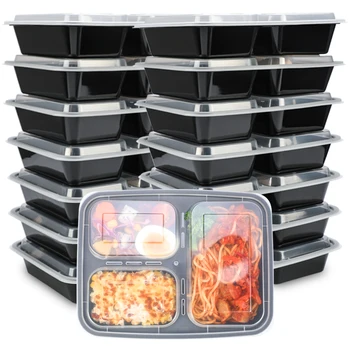 Black 3 Compartment Stackable Microwave Safe Meal Prep Plastic Food ...