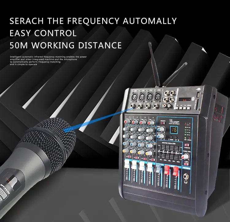 Professional build-in power amplifier 4 channel audio mixer with wireless microphone