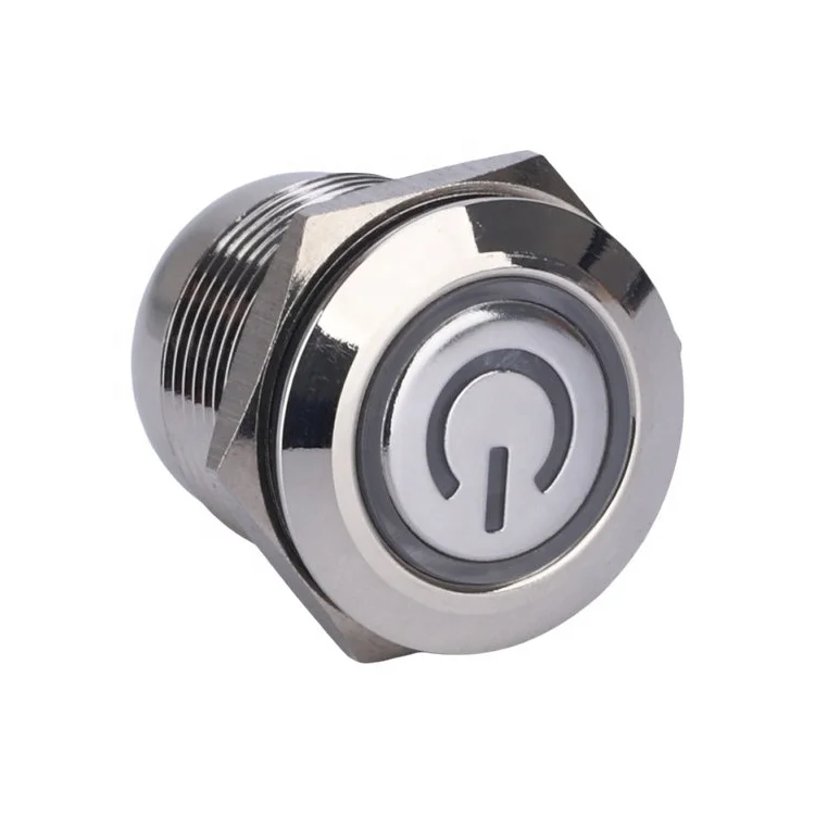 Short Waterproof 16mm Stainless Steel 12v Blue Ring Led Metal Latching ON- OFF Push Button Switch With Power Symbol