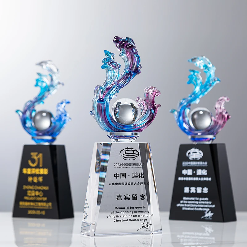 2024 High Quality Water Wave shape Trophy Crystal Glass ball Trophy  business sport events souvenirs trophy details