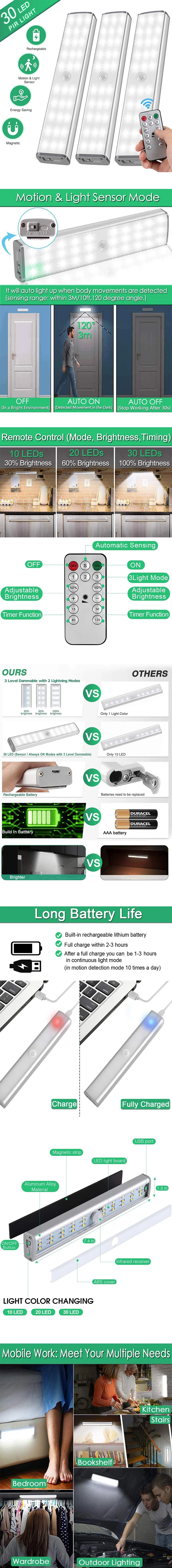 30 LED Dimmer USB Rechargeable Motion Sensor Closet Light Under Cabinet Wireless Stick-Anywhere Night Light Bar  