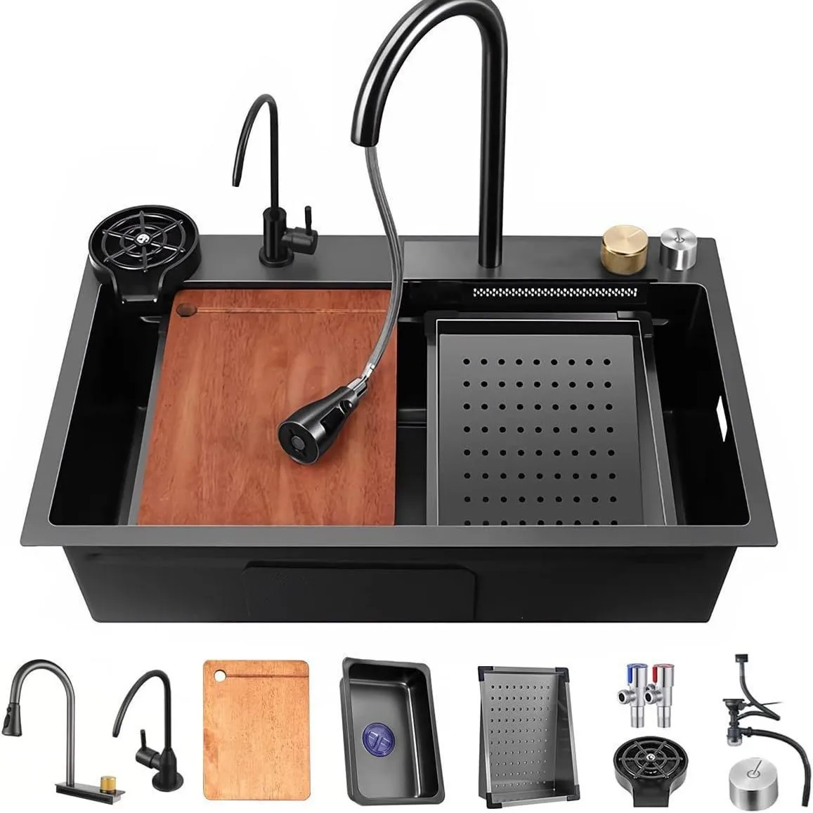 Customized New Multi-function Matte Black Dishwasher Faucet Stainless Steel Kitchen Sink with Brass Valve Smart Basin Sink