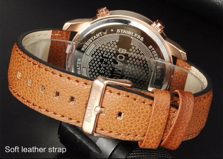 男士石英手表3时区手表BOAMIGO LED数字运动手表男皮革手表男士时钟F545