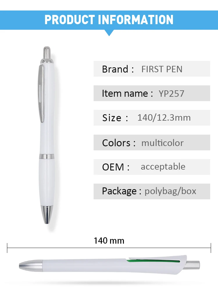 High Quality Promotional Metal Clip Pen Classic Plastic White Ball  Pen With Customer Logo