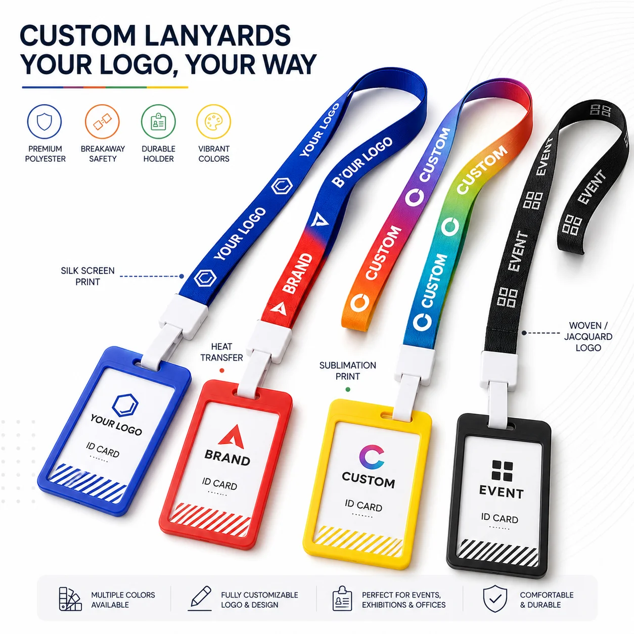Multicolor Lanyard with ID Card Holder, Custom Logo Neck Strap Badge Holder for Promotional Business Gifts