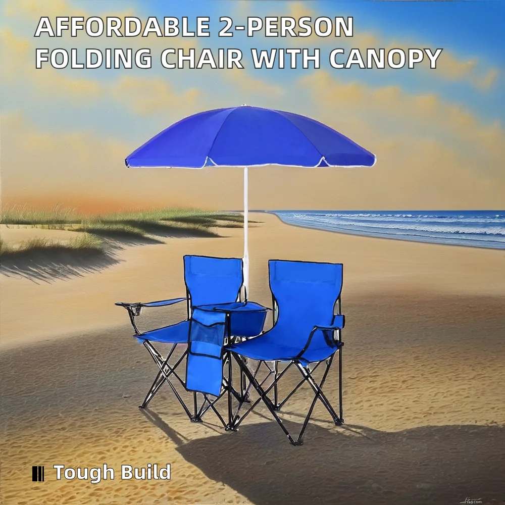 Modern 600D Oxford Cloth Beach Chair Double Folded 2-Person Fishing Camping Outdoor Folding Metal Steel Easy-Carry with Canopy details