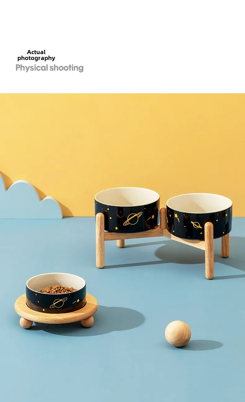 Ceramic Double Dog/Cat Food Bowl Protective Rack High Foot Design Solid Pattern Eco-Friendly Cervical Spine Protection Pet Water