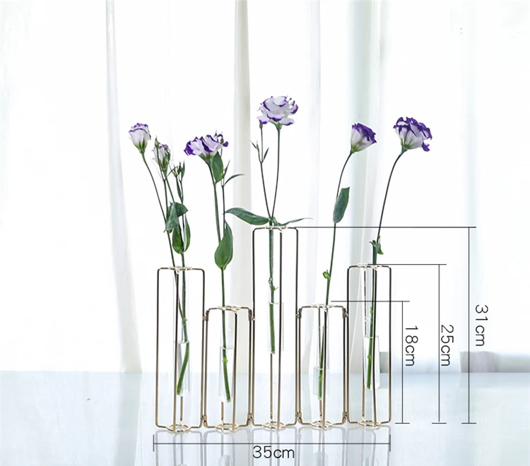 Modern Art Flower Arrangement Metal Frame Test Tube Glass Flower Vase
