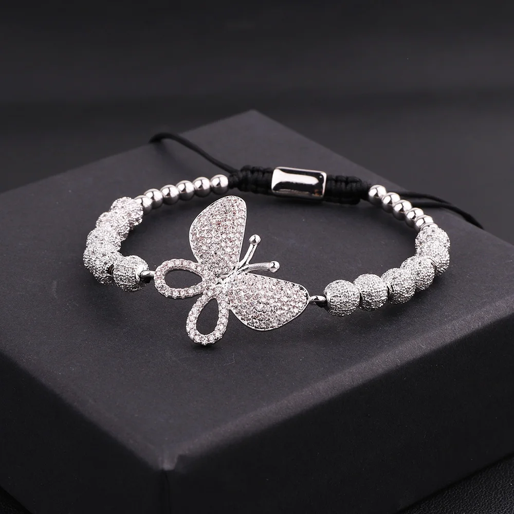 新设计豪华cz钻石蝴蝶魅力珠子手工编织定制徽标花边手链女士
