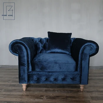 French Style Blue Velvet Sofa Fabric Luxury Comfortable Single French Style Blue Velvet Sofa Fabric
