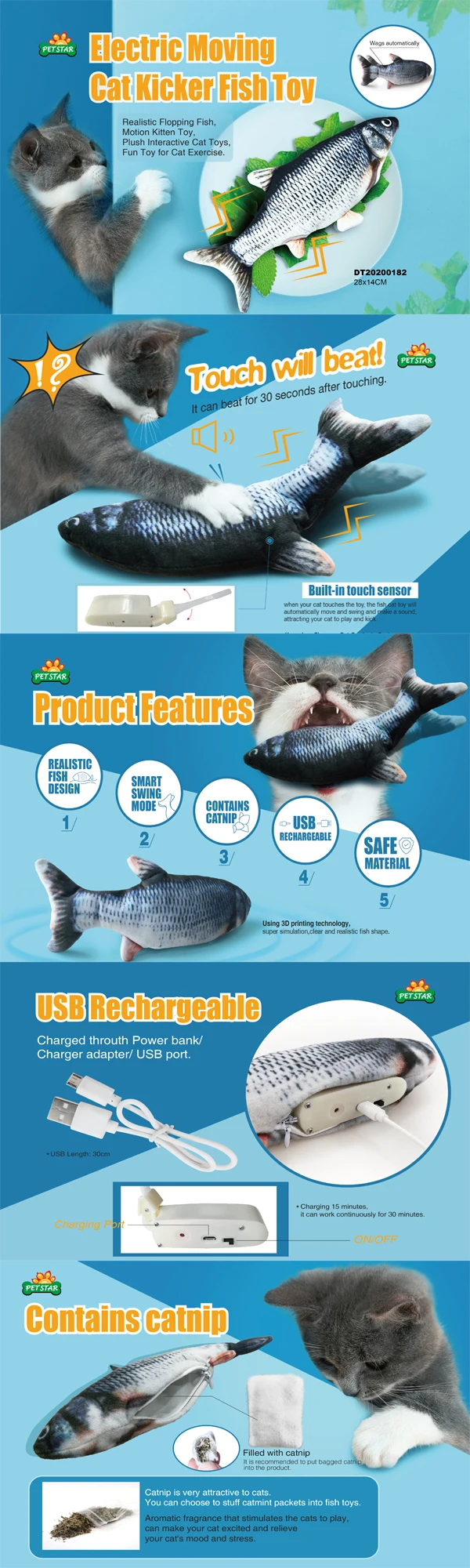 Petstar Automatic Rechargeable Interactive Electric Cat Fish Toy