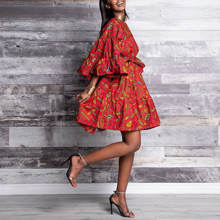 Orange Printed High Waist Back Middle Zipper Stitching Skirt Long Sleeve African Kitenge Dress Design