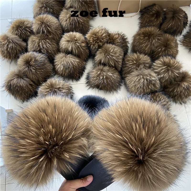 
2020 NEW Fashion real fur slides wholesale women raccoon fox fur slippers furry outdoor sandals 