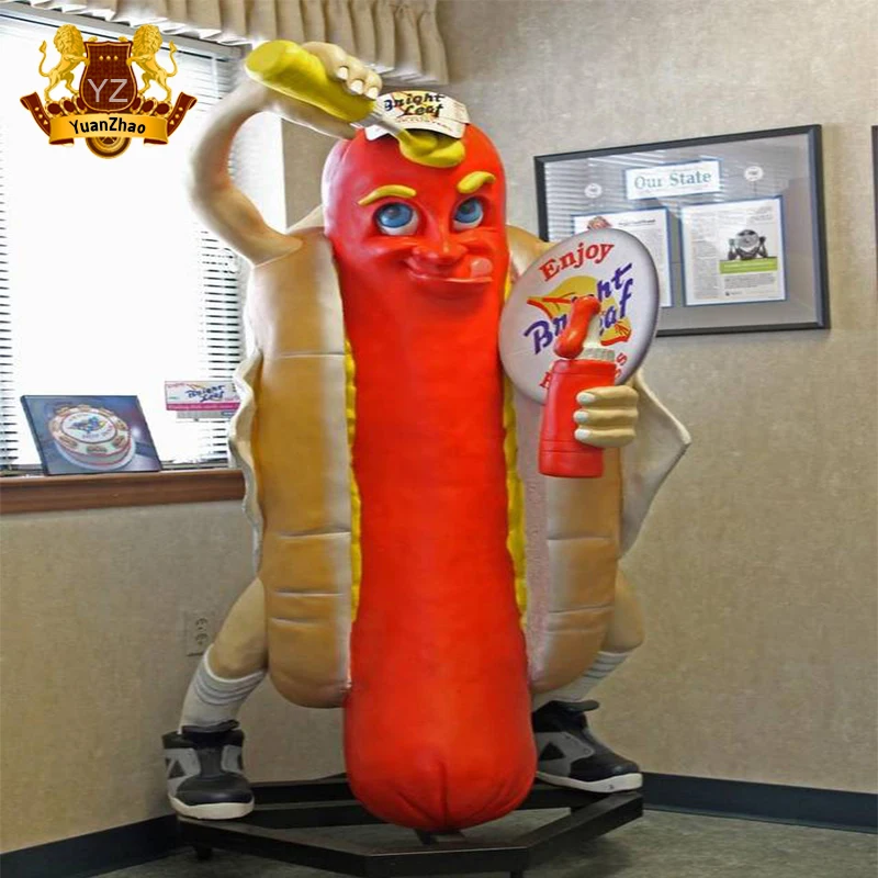 Custom Made Cartoon Food Fiberglass Hot Dog Statue For Store Decoration
