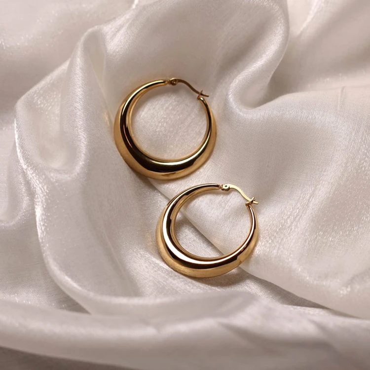 Vintage Chunky Thick Gold Hoop Earrings,Stainless Steel Hypoallergenic