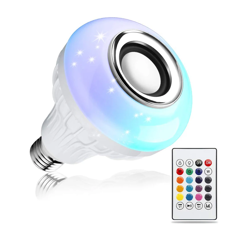LED Light Bulb Bluetooth Speaker 6W E26 E27 B22 RGB Changing Lamp Wireless Stereo Audio with 24 Keys Remote Control