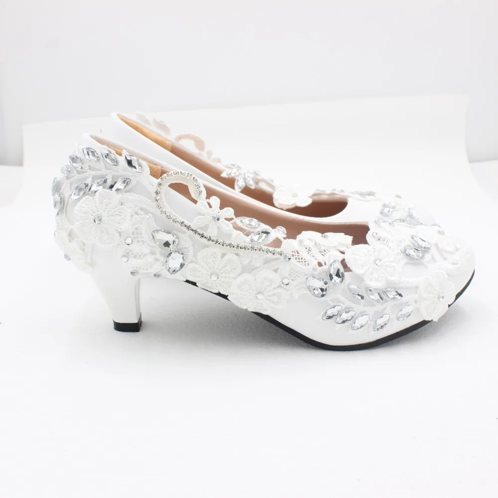 Women's White Wedding Shoes European American Style 8cm High Heels PU Round Toes Large Size Elegant Rhinestone Lace Bridal Shoe