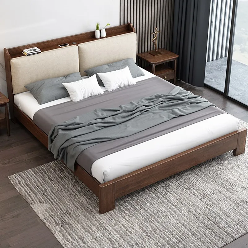 product-Modern wooden bed with fabric back King size Double bed wooden with bookcase headboard pract-2