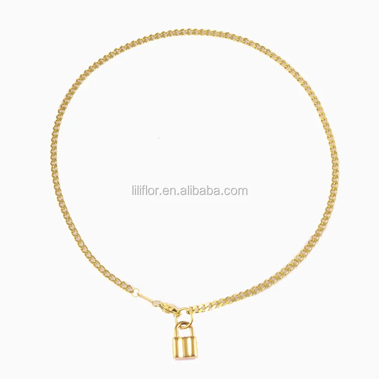 

High Quality 18K Gold Plated Stainless Steel Thick Chain Lock Pendant Necklace P203077