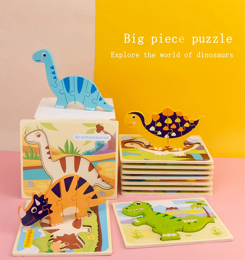 2020 Kids Wooden Puzzle Cartoon Early Educational Learning Toys Animals dinosaur 3D jigsaw Puzzles