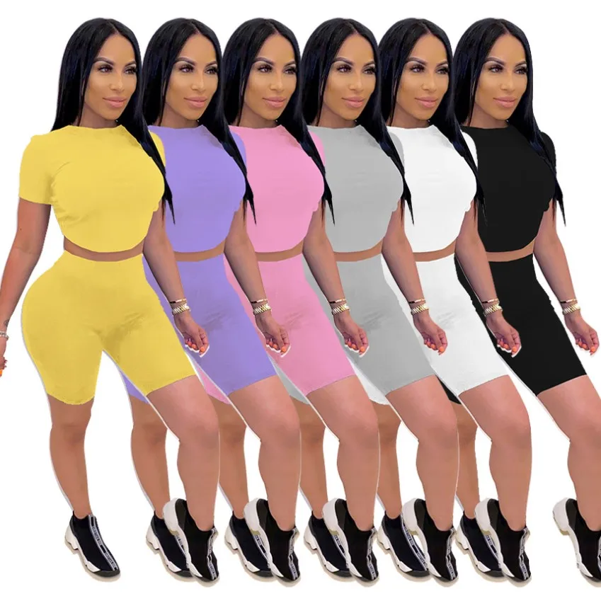 2021 summer 6colors women plain blank tie back crop top with shorts two piece outfit 2 piece short set W8087