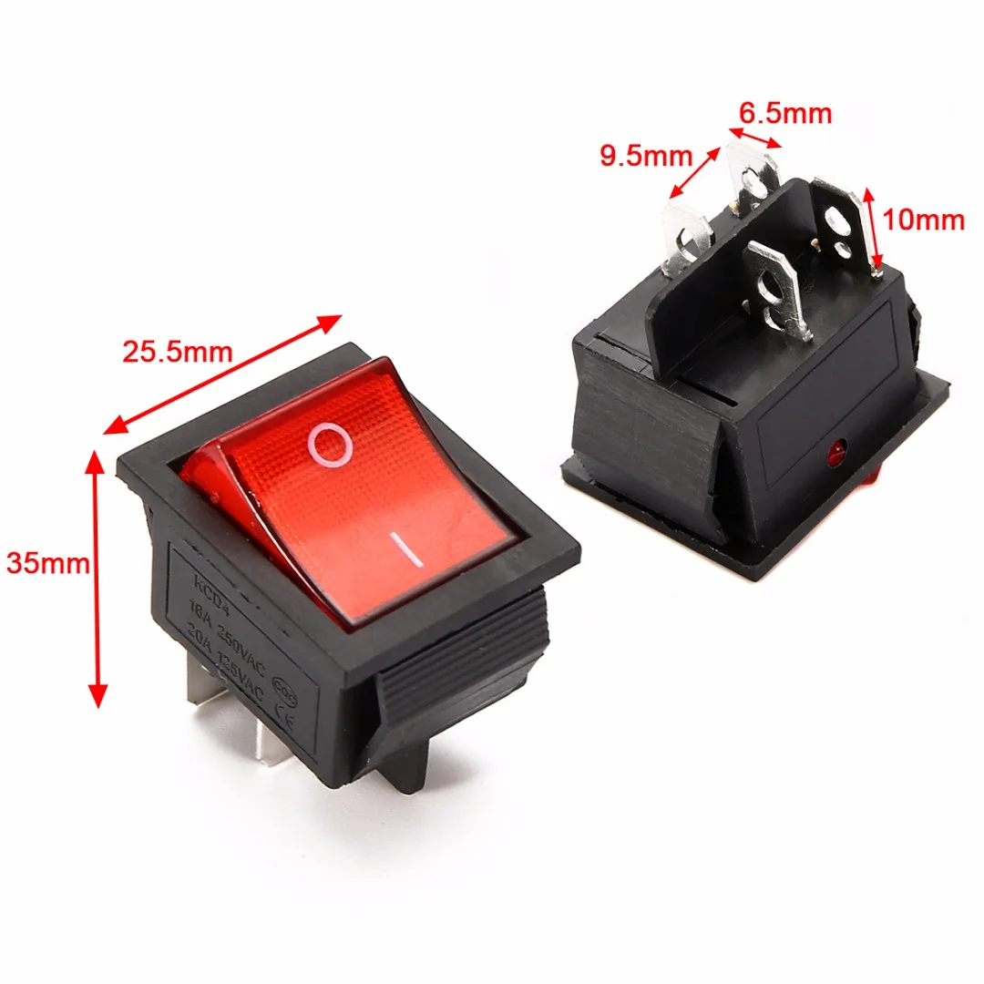 2 Position Red Light Rocker Switch 16A/250V KCD4-20 4 Pin ON/OFF Toggle Switches 35 x 25.5 x 10mm