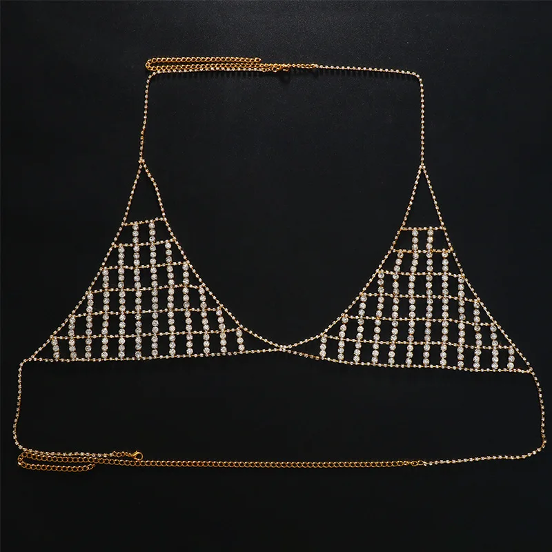 Fashion Cutout Mesh Rhinestone Body Chain Sexy Bra Chains For Women