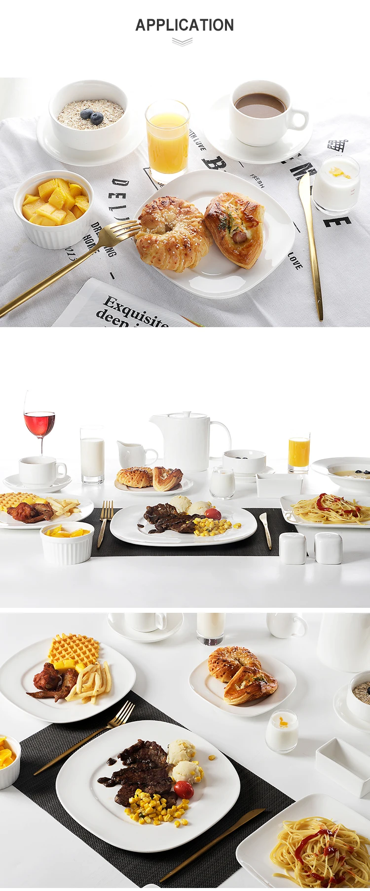 product-Fancy Restaurant Food Dish Set, Hosen Rolay White Fine Porcelain Plate, Porcelain Dinner Set