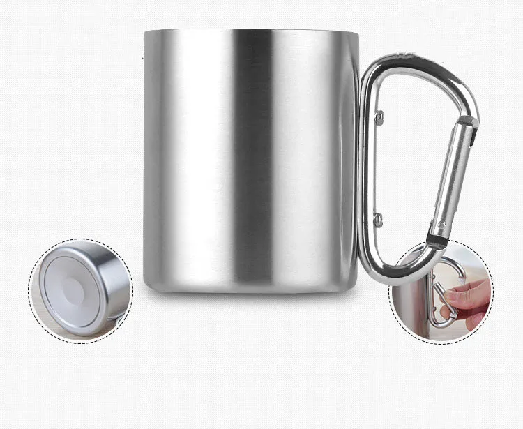 200ml 300ml Outdoor Camping Travel Portable Carabiner Mug With Handle,Stainless Steel Double