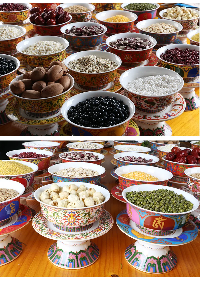 吉祥八供陶瓷赞天碗供佛教家用荷花彩画供斋碗六字