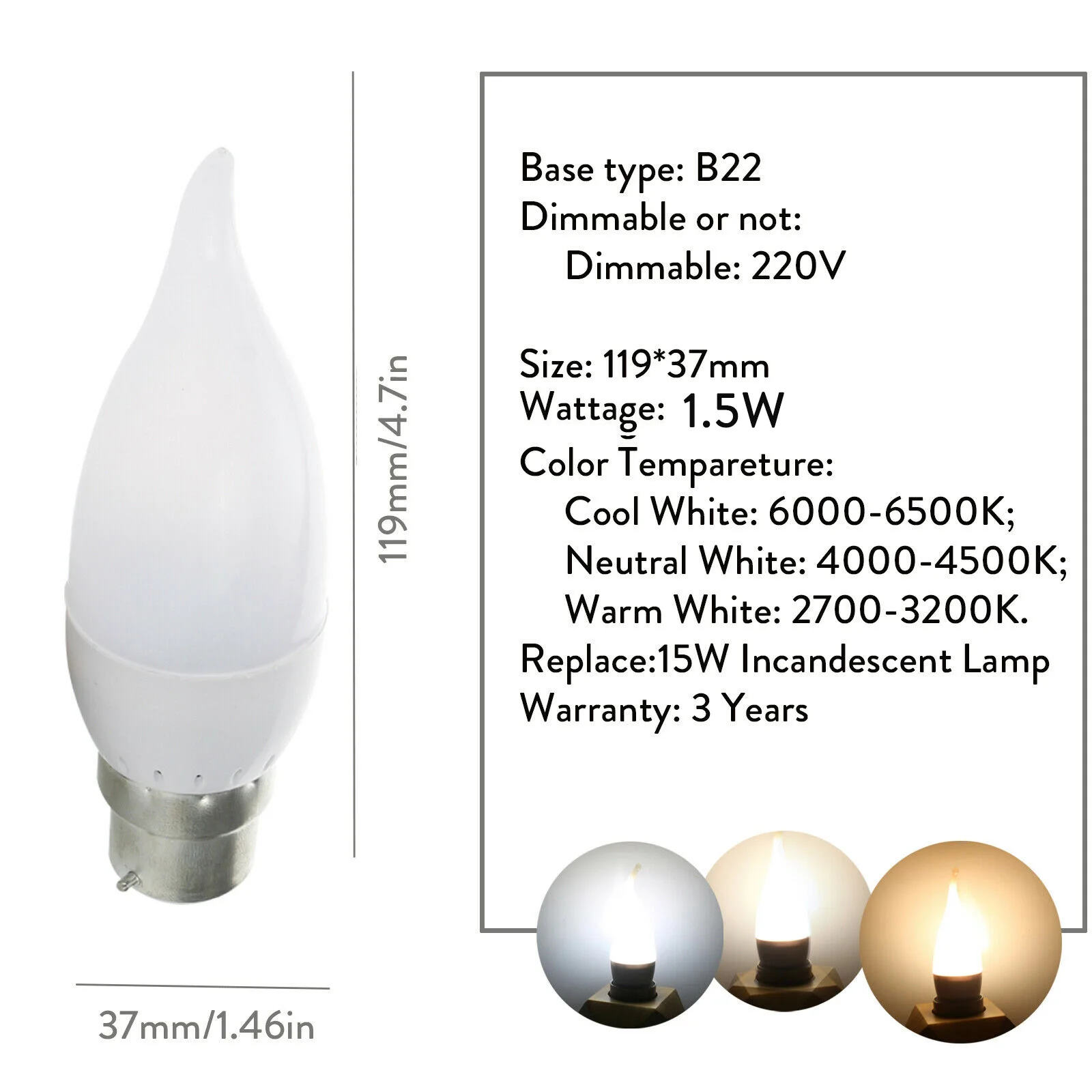 LED Bulb Chandelier Flame Candle Light E12 E26 E27 B22 E14 15 Watt Equivalent 