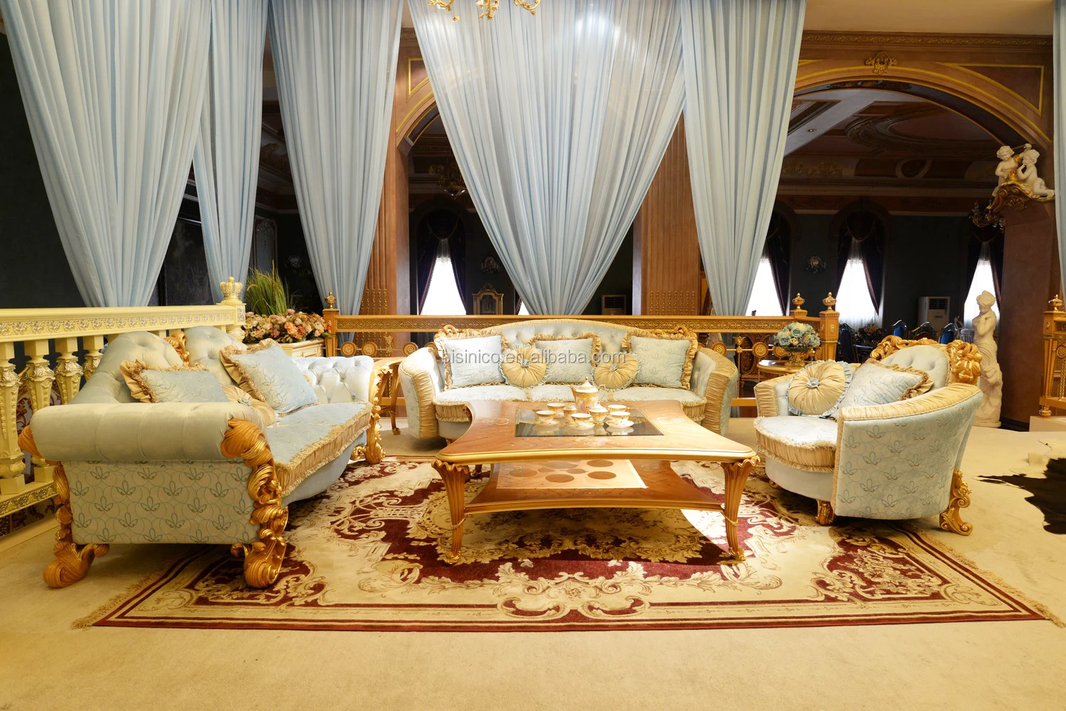 豪华维多利亚风格实木雕刻部分沙发套装意大利浪漫蓝色面料沙发宫殿