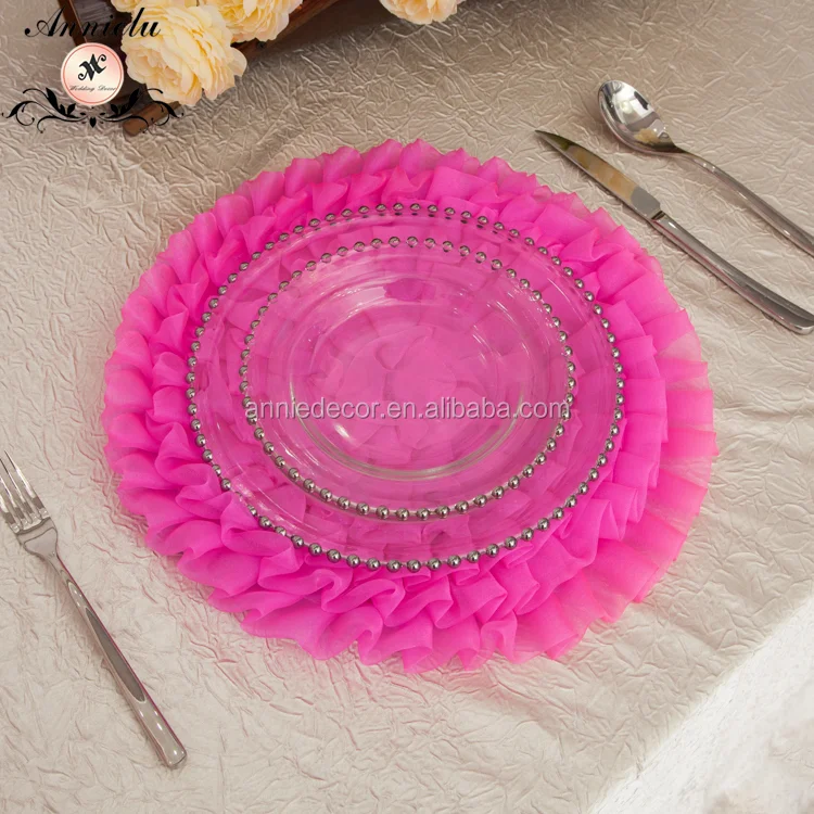 Round clear wedding gold glass charger plates wholesale silver beaded charger plates for table decorations