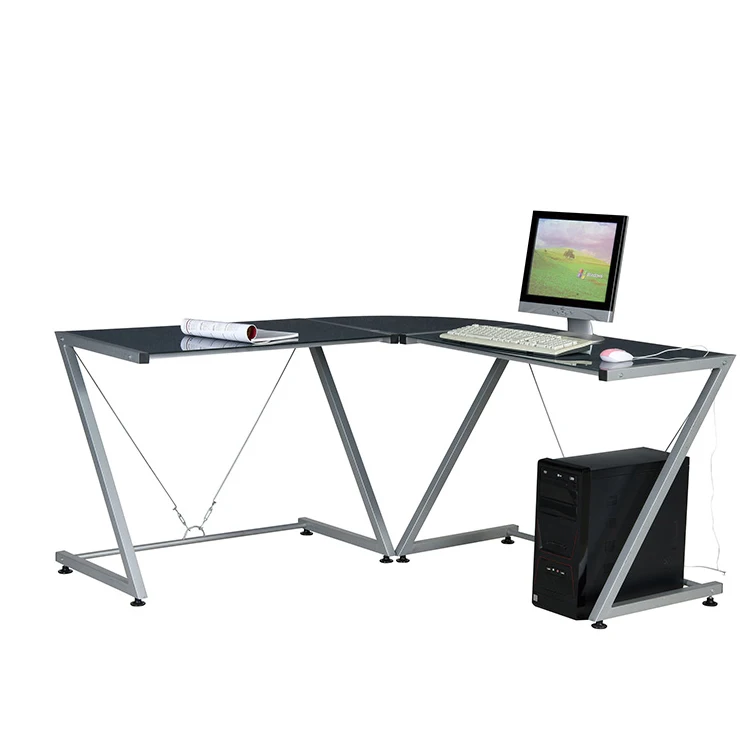 Customized transparent glass desktop metal iron frame l shape office desk corner computer table
