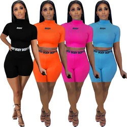 Summer Fashion Two Peice Set Women Letter Printing Bodycon Womens Short 2 Piece Set Solid Color High Neck Matching Sets Women