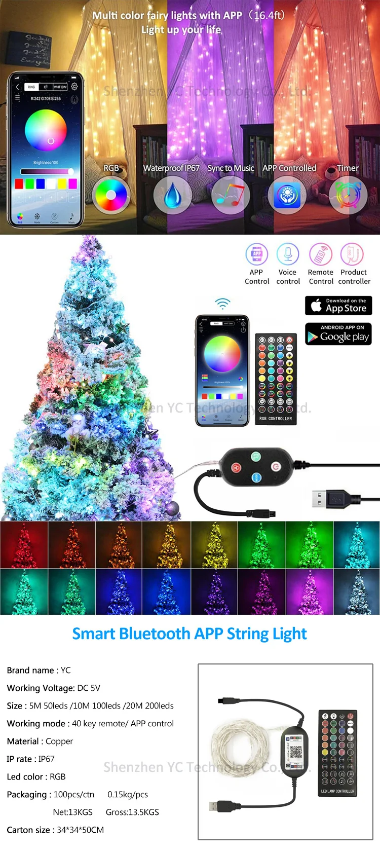 Waterproof Music Sync Smart Rgb Wifi App Control Led Copper Wire String