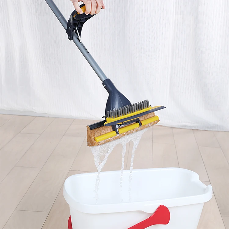 Sponge Mop with Brush Squeegee and Telescopic Pole for Tile Marble