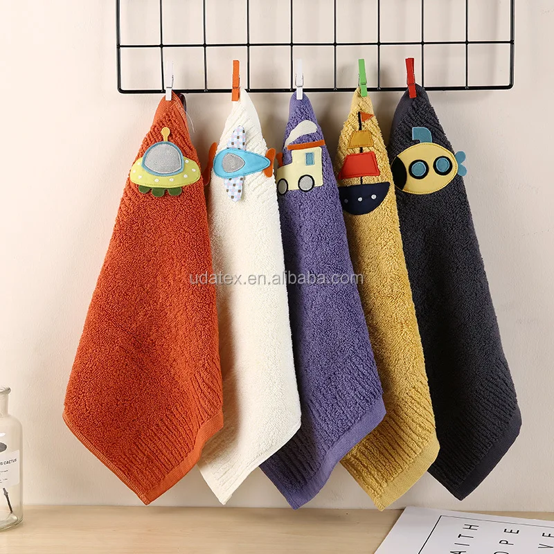100% cotton long staple cute kids  towel  with applique face towel with hanger