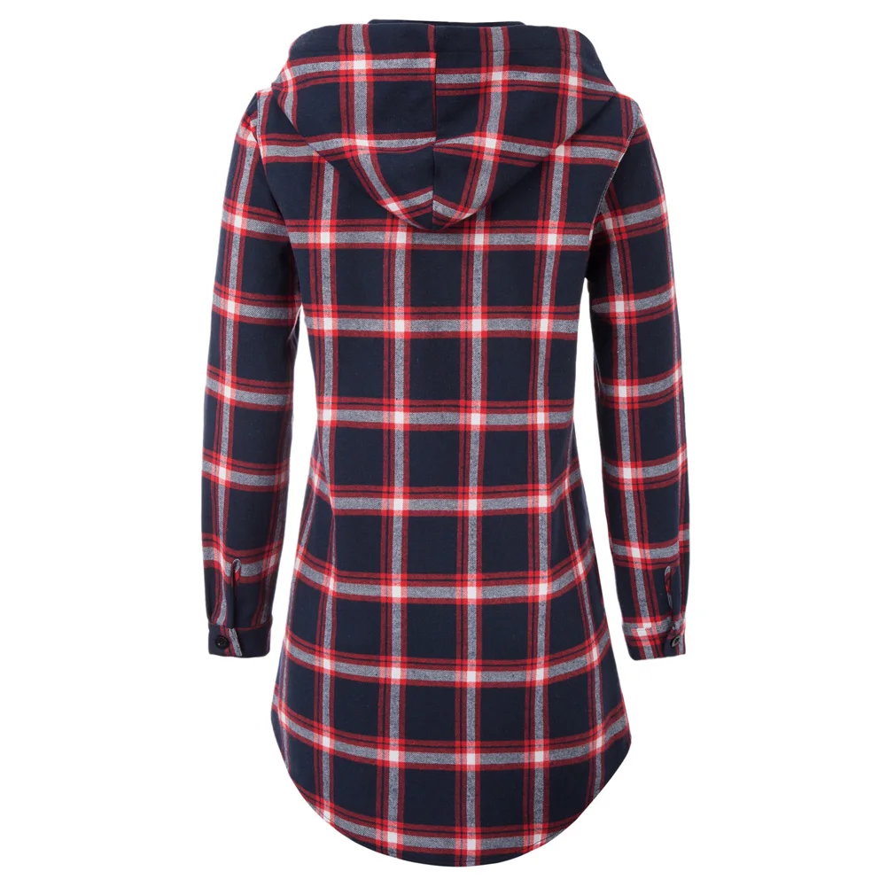 gk 女装休闲网格图案长袖弧形下摆连帽外套上衣 claf0432