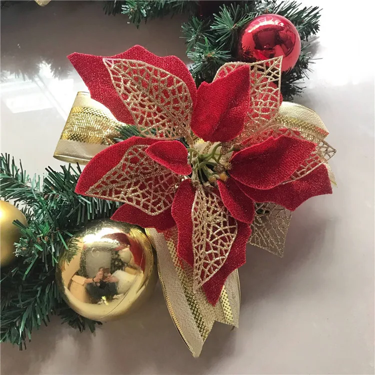 圣诞派对用品人造闪光一品红圣诞花为婚礼圣诞装饰