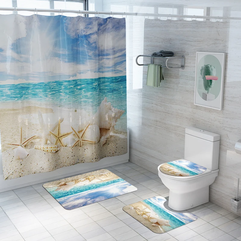 Ocean printed Toilet Pad Cover Bath Mat Shower Curtain Set for Bathroom Decoration Home Textile