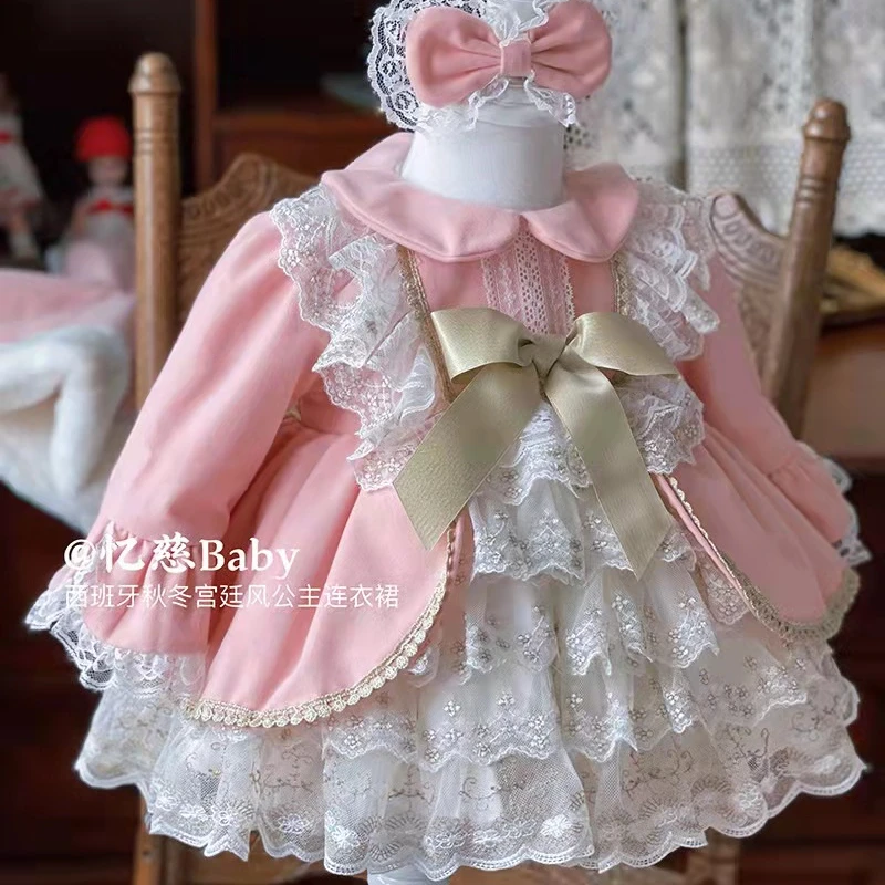 Lolita lace baby frock design thick lining kid girls Spanish dresses long flower party dress for kids