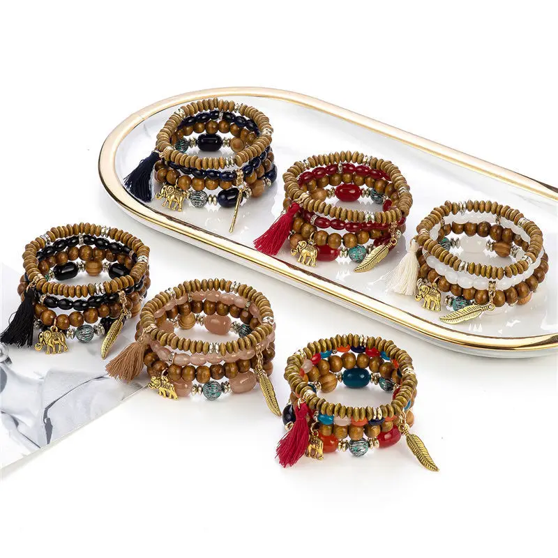Vintage Bohemian Jewelry Antique Gold Tassel Acrylic Wood Bead Bracelets Elephant and Feather Charm Bracelets Sets for Men Women