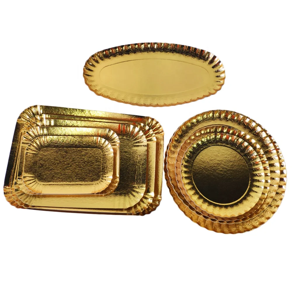 Rectangular Gold Paper Platters,Laminated Cardboard Serving Trays Great For Birthday,Party