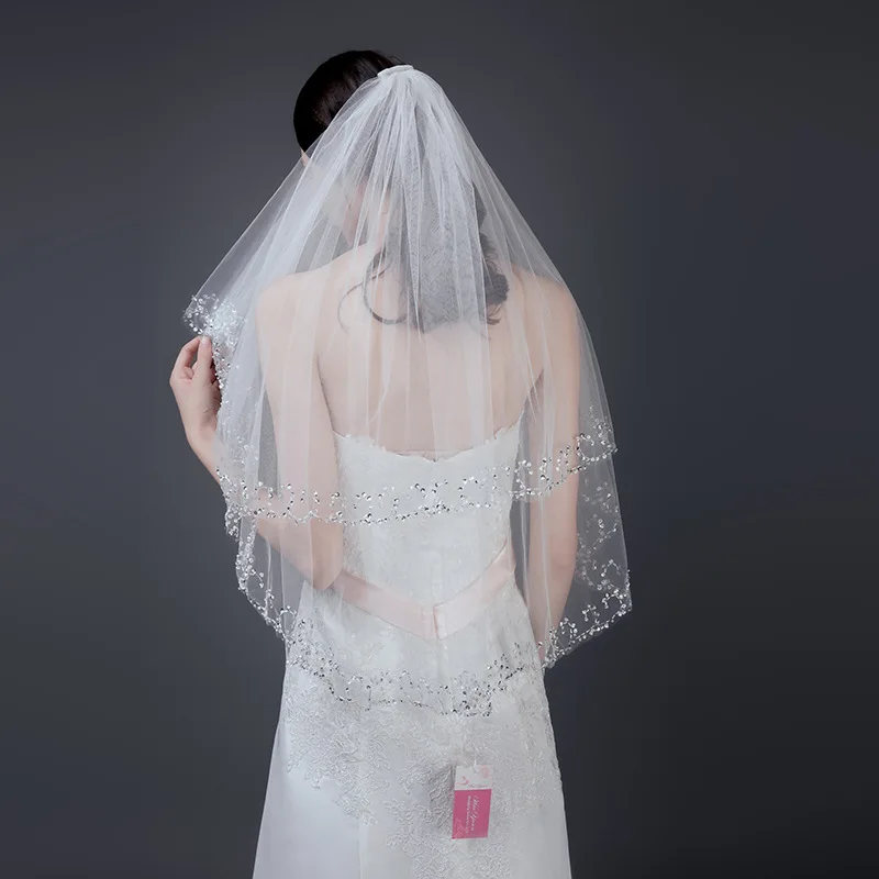 2019 Beaded White/Ivory Wedding Veil Bridal 2 Layer Veils Beaded Edge With Comb 