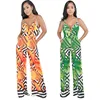 European Fashion African women sexy night club v neck spaghetti strap pocket tropic print wide leg romper jumpsuit