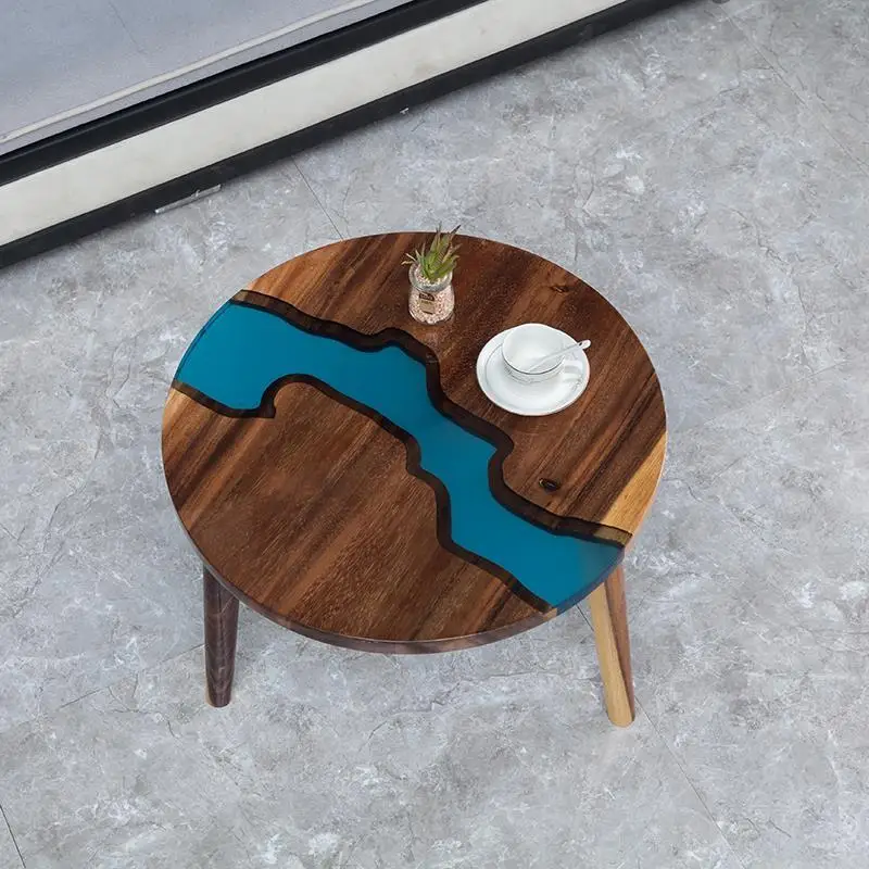 Custom corner small round table made of solid wood resin coffee table