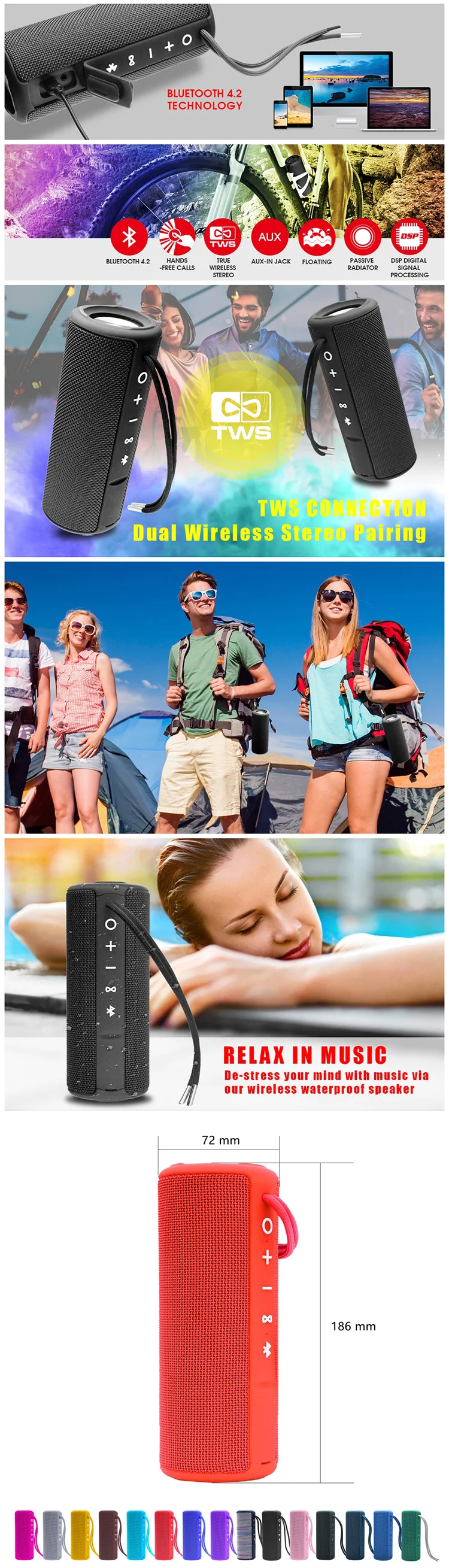 Fabric Waterproof Speaker 10W Sport Outdoor Bass TWS wireless BT Bicycle Speaker Portable Bike Speaker - ANKUX.COM